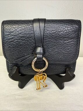 Chloé Alphabet Black Grained Leather Trifold Wallet Gold Initial Charm Italy